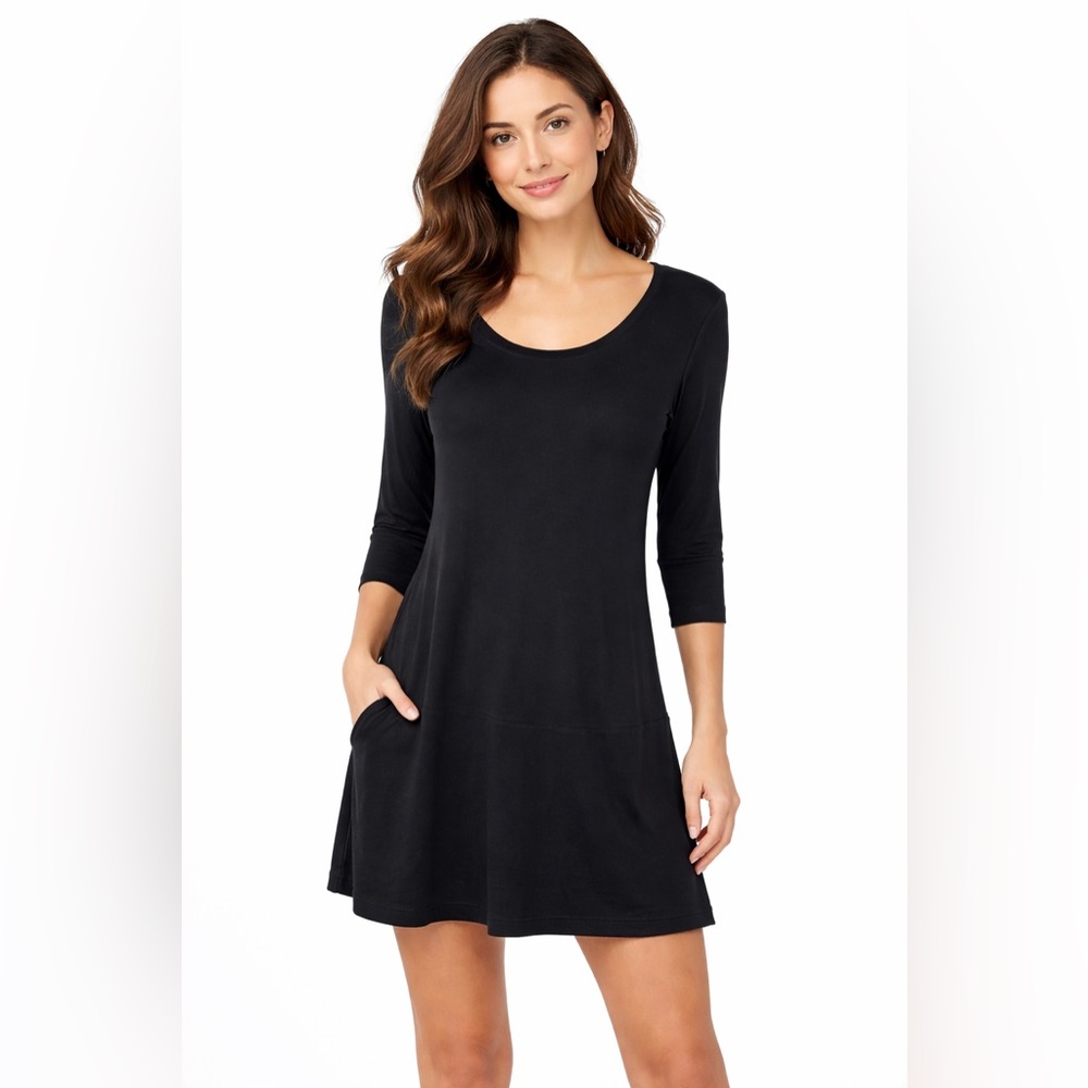 Eileen Fisher Dress Small S Black 3/4 Sleeve Round Neck LBD